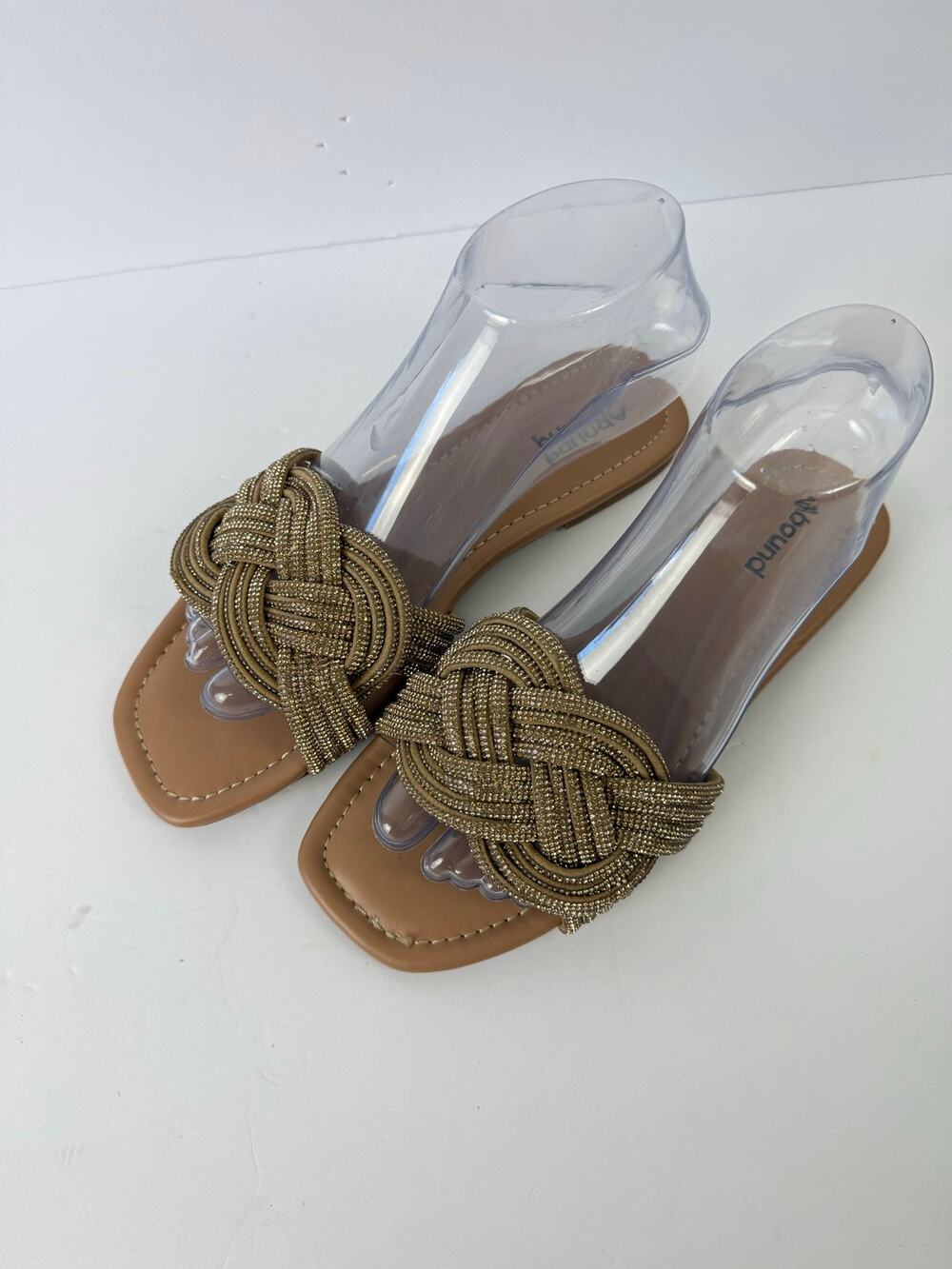 Abound NWOT Imani Gold Sparkle Rhinestone Tan Woven Knot Slip On Sandals Flats